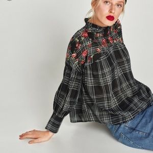Zara Floral Embroidered Plaid Blouse